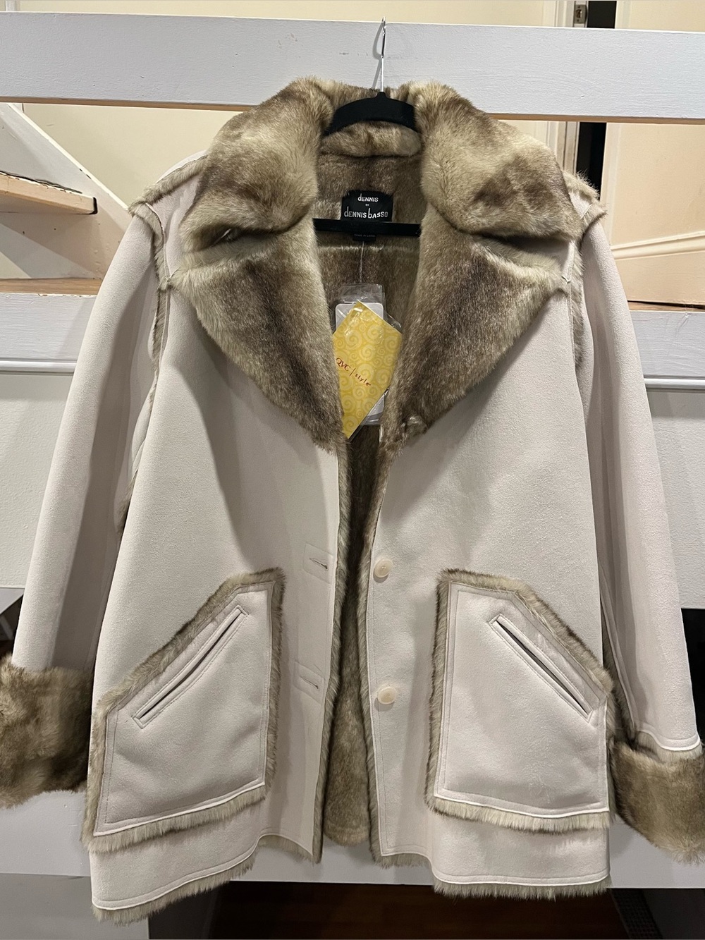 Dennis Basso NWT Faux Suede Shearling Fur Trim Pocket Coat
